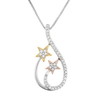 HDI 1/5 Carat T.W. Diamond Sterling Silver and 18k Gold Tri-Tone Star Teardrop Pendant Necklace