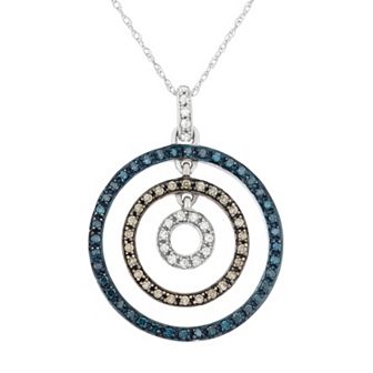 HDI 3/8 Carat T.W. Blue, Brown and White Diamond 10k White Gold Concentric Circle Pendant Necklace