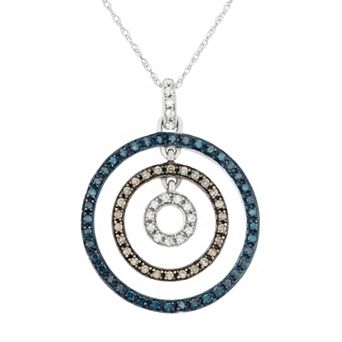 HDI 3/8 Carat T.W. Blue, Brown and White Diamond 10k White Gold Concentric Circle Pendant Necklace