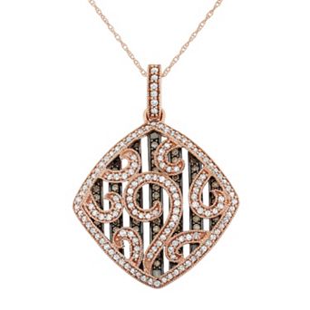HDI 1 1/5 Carat T.W. Brown and White Diamond 10k Rose Gold Scrollwork Pendant Necklace