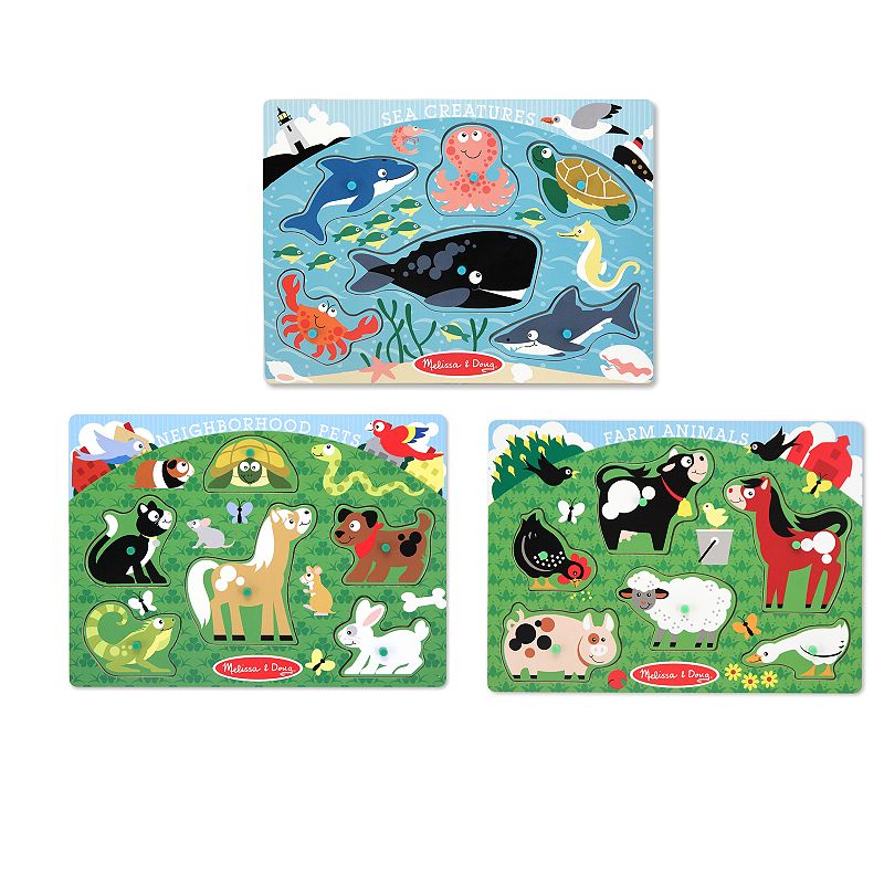 Melissa & Doug Farm Animals, Pet & Sea Creature Peg Puzzle Set, Multicolor