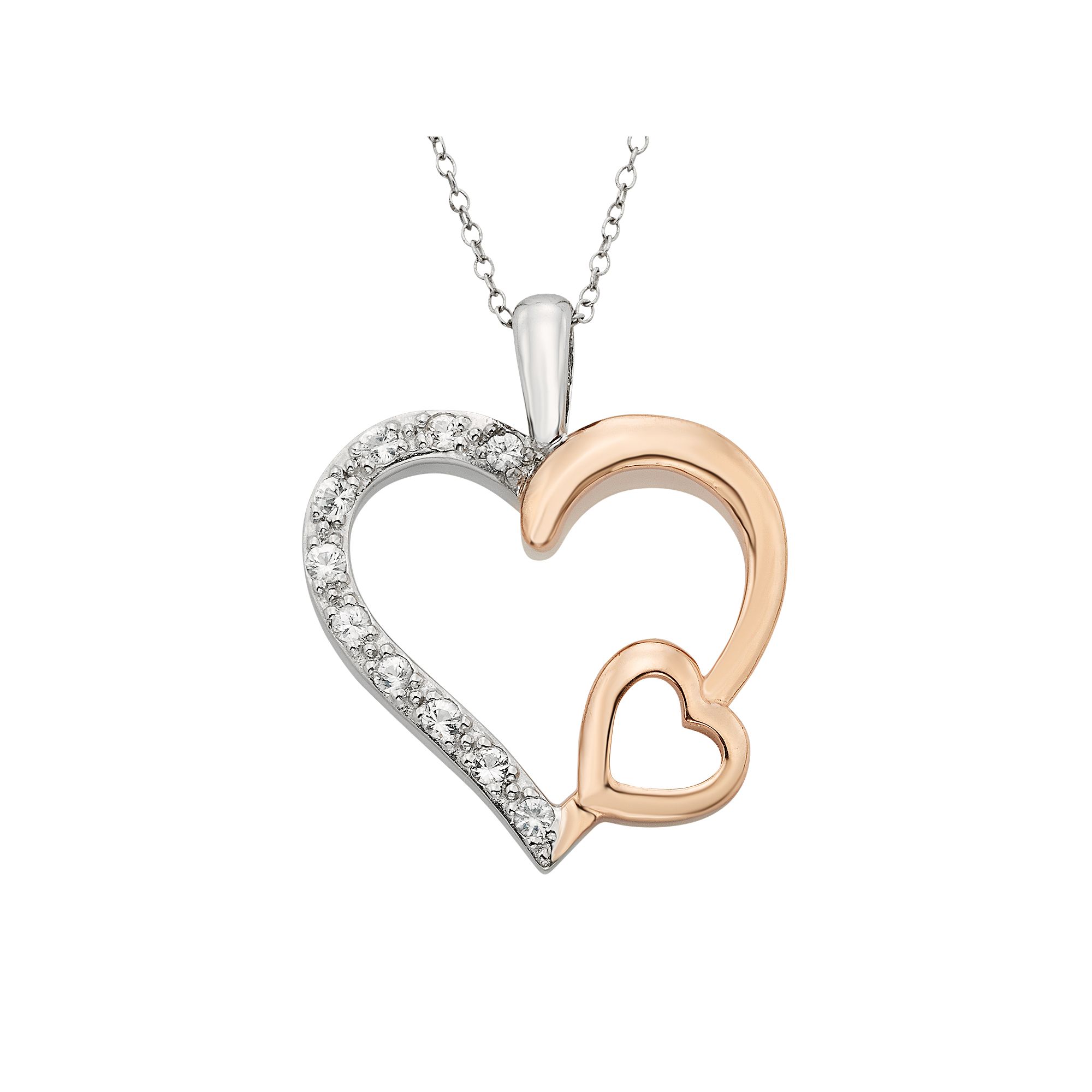 Lab-Created White Sapphire Sterling Silver Two Tone Double Heart Pendant Ne