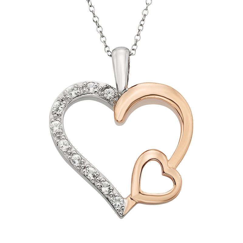 Lab-Created White Sapphire Sterling Silver Two Tone Double Heart Pendant Ne