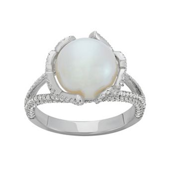 Freshwater Cultured Pearl and Cubic Zirconia Sterling Silver Flower Ring