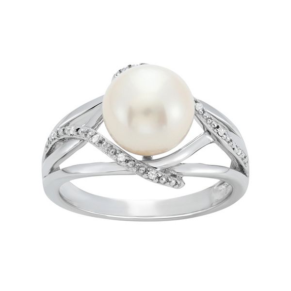 Freshwater Cultured Pearl and Diamond Accent Sterling Silver Openwork Ring