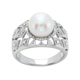 Freshwater Cultured Pearl and Diamond Accent Sterling Silver Openwork Ring