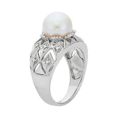 Freshwater Cultured Pearl and Diamond Accent Sterling Silver Openwork Ring