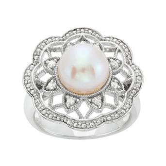 Freshwater Cultured Pearl and 1/10 Carat T.W. Diamond Sterling Silver Flower Ring