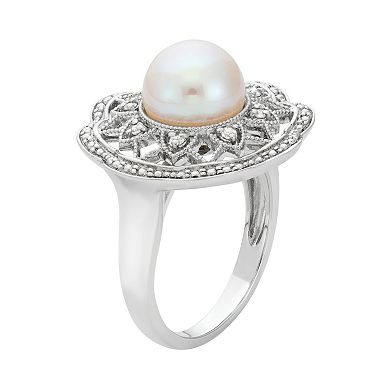 Freshwater Cultured Pearl and 1/10 Carat T.W. Diamond Sterling Silver Flower Ring