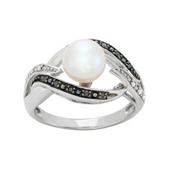 Freshwater Cultured Pearl, and Black and White Diamond Accent Sterling Silver Openwork Ring