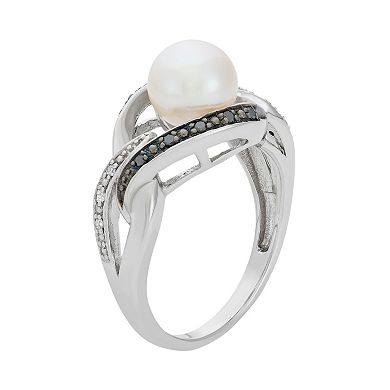 Freshwater Cultured Pearl, and Black and White Diamond Accent Sterling Silver Openwork Ring