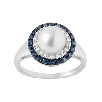 Freshwater Cultured Pearl and 1/4 Carat T.W. Blue and White Diamond Sterling Silver Halo Ring