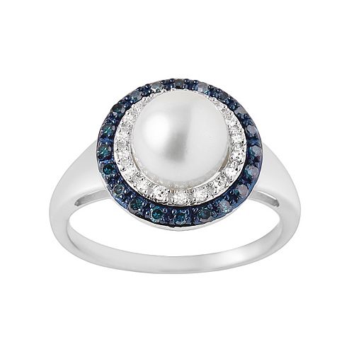 Freshwater Cultured Pearl And 14 Carat Tw Blue And White Diamond Sterling Silver Halo Ring 7415