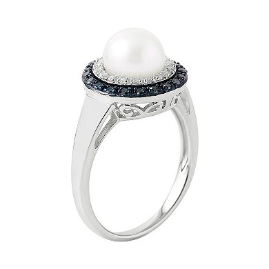Freshwater Cultured Pearl and 1/4 Carat T.W. Blue and White Diamond Sterling Silver Halo Ring