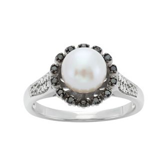 Freshwater Cultured Pearl 18 Carat Black White Diamond Sterling Silver Flower Ring