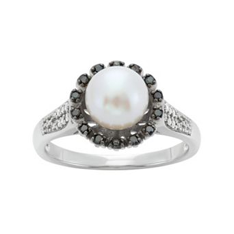 Freshwater Cultured Pearl 18 Carat Black White Diamond Sterling Silver Flower Ring