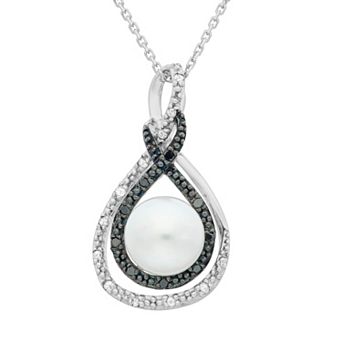 Freshwater Cultured Pearl, and 1/10 Carat T.W. Black and White Diamond Sterling Silver Infinity Pendant Necklace
