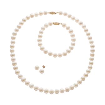 Freshwater Cultured Pearl 14k Gold Necklace, Bracelet and Stud Earring Set