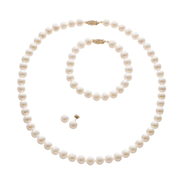 Freshwater Cultured Pearl 14k Gold Necklace, Bracelet and Stud Earring Set