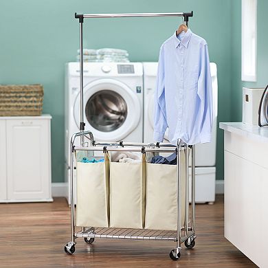Household Essentials Rolling 3-Bag Laundry Sorter with Removable Garment Rack