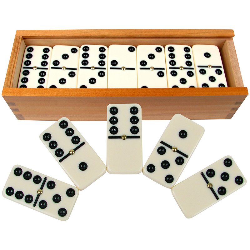Dominoes Set- 28 Piece Double-Six Ivory Domino Tiles Set  Classic Numbers Table Game with Wooden Carrying/Storage Case by Hey! Play! (2-4 Players)