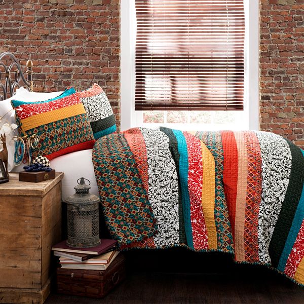 Lush Decor Set Trapunta Reversible Boho Stripe 7 Pezzi - Prugna King Size - Stile Bohemien Con Federe E Cuscini