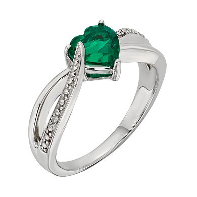 Lab-Created Emerald and Diamond Accent Sterling Silver Heart Bypass Ring