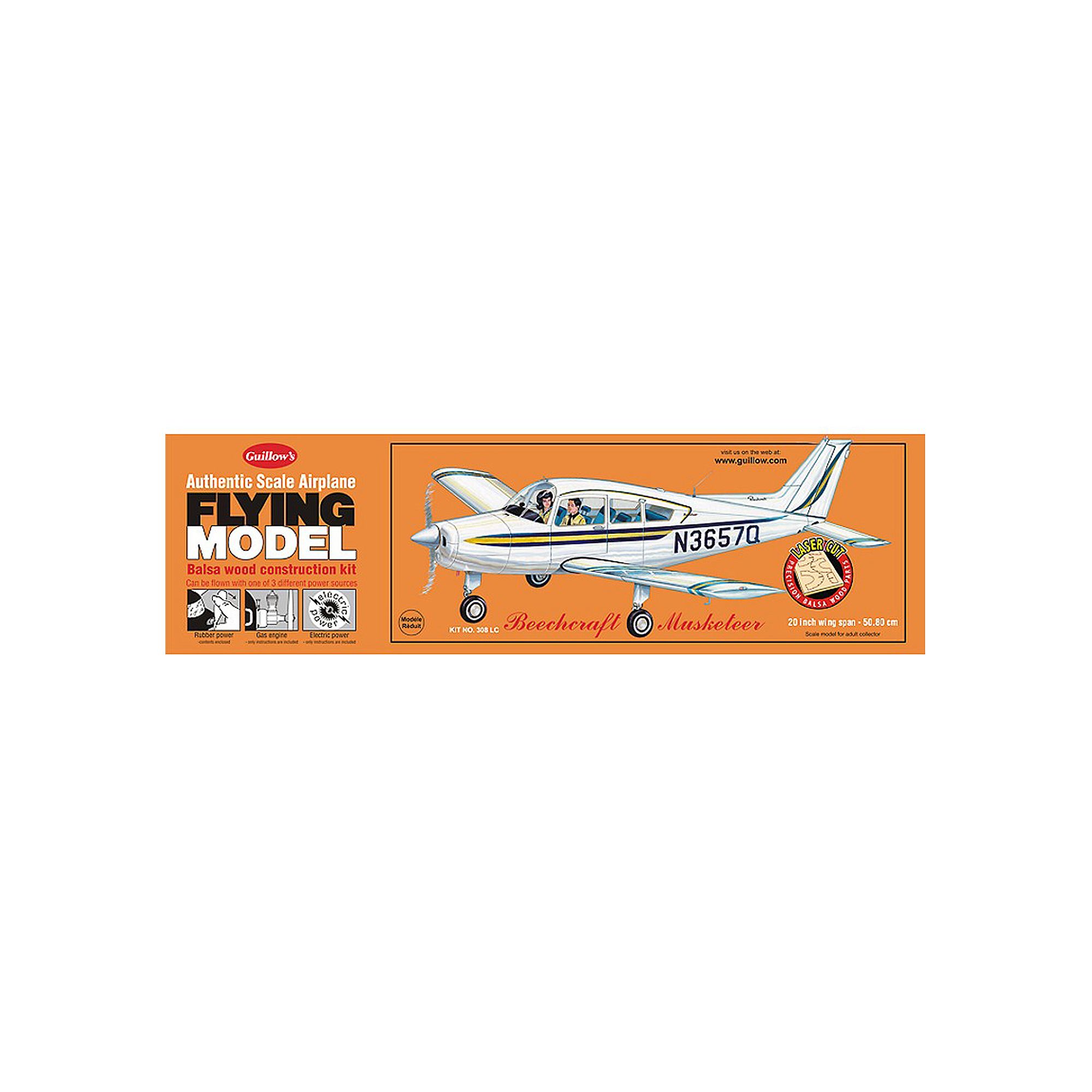 Guillows 1:20 Beechcraft Musketeer Laser Cut Model Kit, Multicolor
