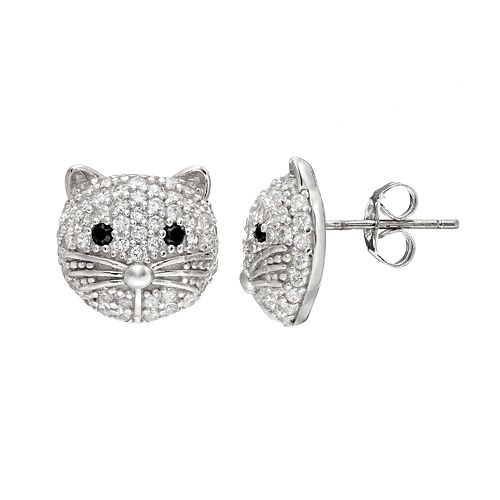 Sophie Miller Cubic Zirconia Sterling Silver Cat Stud Earrings