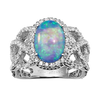 Sophie Miller Lab-Created Blue Opal & Cubic Zirconia Sterling Silver Halo Openwork Ring