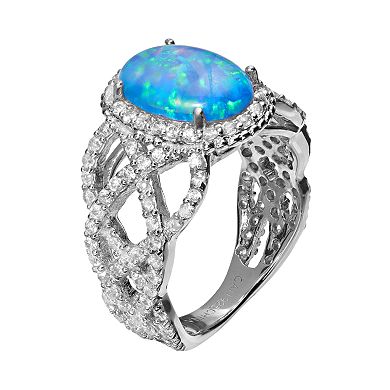 Sophie Miller Lab-Created Blue Opal and Cubic Zirconia Sterling Silver Halo Openwork Ring