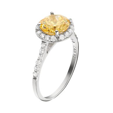 Sophie Miller Canary and White Cubic Zirconia Sterling Silver Halo Ring