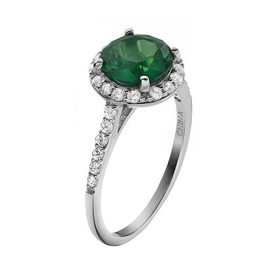 Sophie Miller Simulated Emerald and Cubic Zirconia Sterling Silver Halo Ring