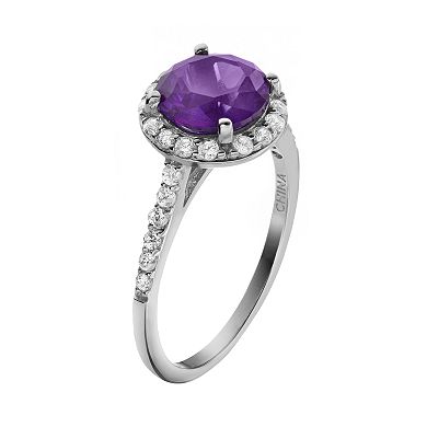 Sophie Miller Purple and White Cubic Zirconia Sterling Silver Halo Ring