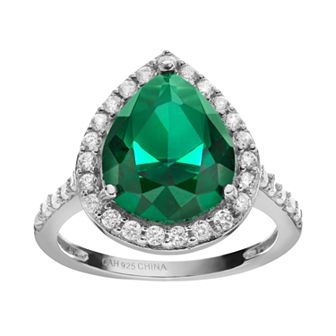 Sophie Miller Simulated Emerald & Cubic Zirconia Sterling Silver Halo Ring