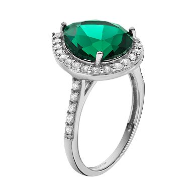 Sophie Miller Simulated Emerald and Cubic Zirconia Sterling Silver Halo Ring