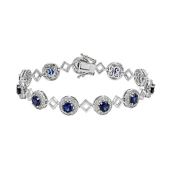 Lab-Created Blue & White Sapphire Sterling Silver Halo Bracelet