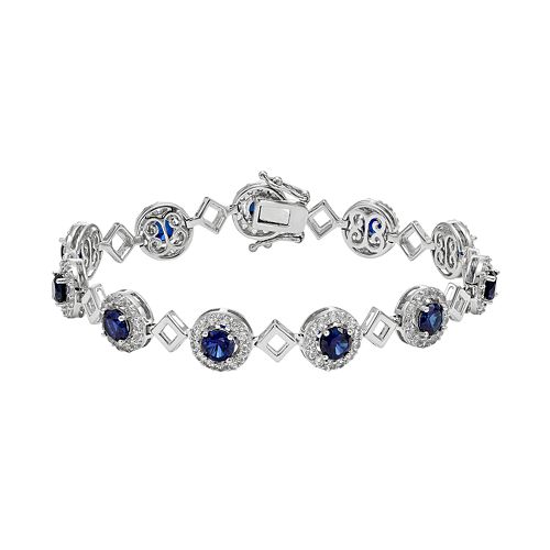 Lab-Created Blue & White Sapphire Sterling Silver Halo Bracelet