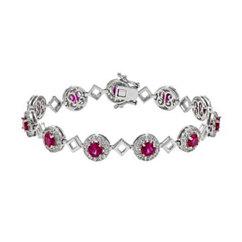 Lab-Created Ruby & Lab-Created White Sapphire Sterling Silver Halo Bracelet