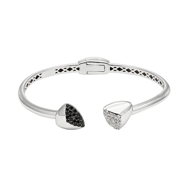 Black Spinel & White Topaz Sterling Silver Hinged Cuff Bracelet