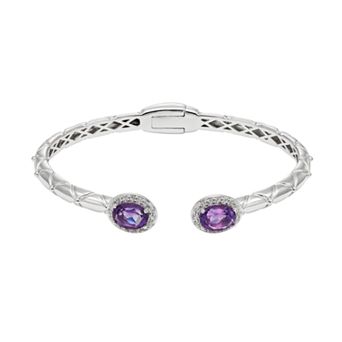 Amethyst & White Topaz Sterling Silver Halo Textured Hinged Cuff Bracelet