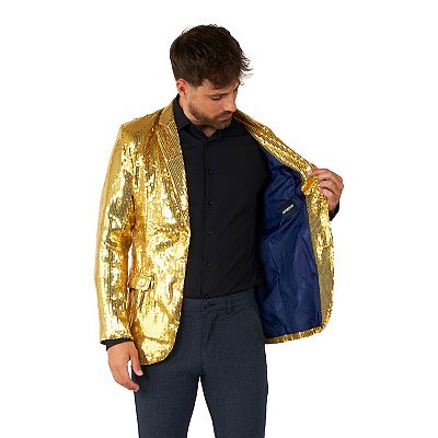 slim fit dress slacks Love Khaos Mens Velvet Smoking Jacket in Gold Sequin , Medium Size