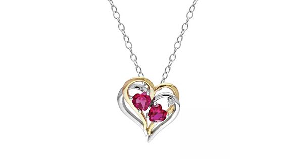 Simulated Ruby and Diamond Accent Sterling Silver Two Tone Double Heart ...