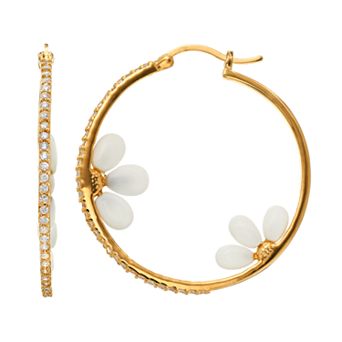 Sophie Miller Cubic Zirconia & Simulated White Agate 14k Gold Over Silver Floral Hoop Earrings