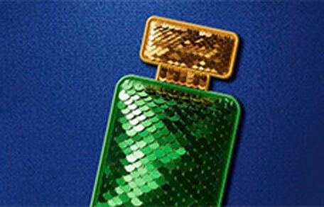 Image of a green sequinned fragrance bottle