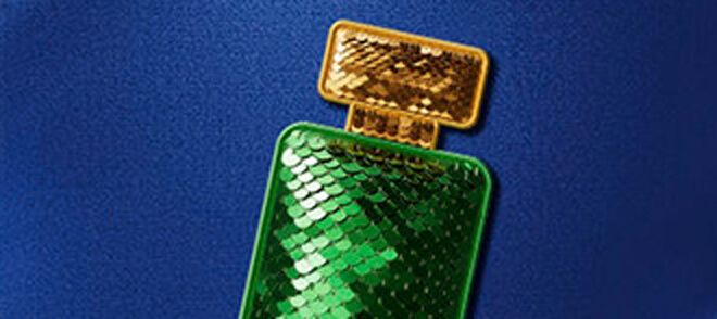 Image of a green sequinned fragrance bottle