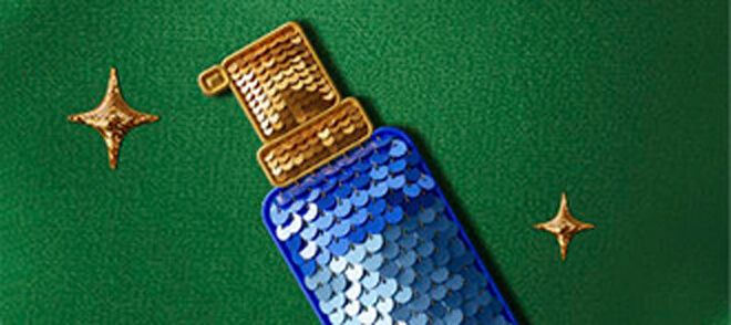 Image of a blue sequinned spray bottle