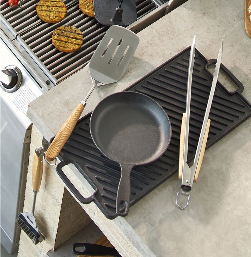 Various Grill Accessories - pan, spatual, and clamps