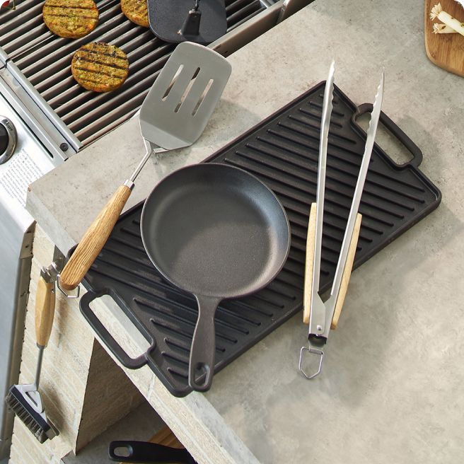 Various Grill Accessories - pan, spatual, and clamps