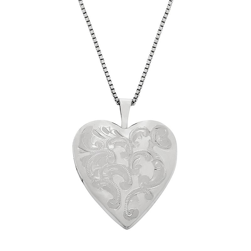 Sterling Silver Floral Engraved Locket Necklace, Womens
